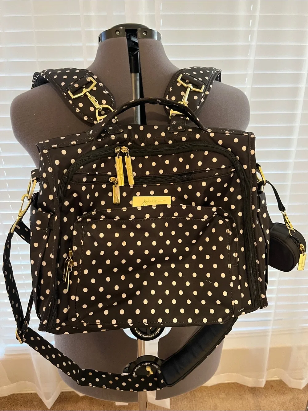 JuJuBe BFF Duchess - Polka Dot Black Baby Diaper Bag with Gold Accents